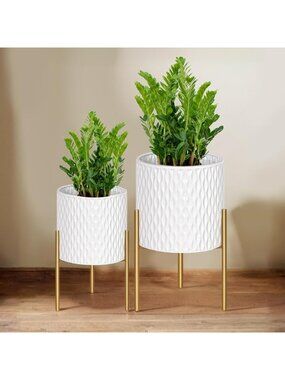 Set of 2 Mid Century Decorative Plant Pots with Stands - Metal Flower Planters
